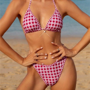 Ensemble Bikini En Polyester À Carreaux, Doux Et Charmant h5
