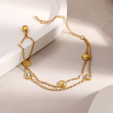 Bracelet chaîne femme Simple Series Casual Heart Shell en acier inoxydable étanche couleur or et zircon