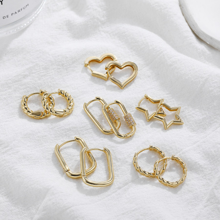 Boucles d'oreilles créoles pour femmes, style classique cœur et étoile, couleur cuivre doré, collection Simple Series 2