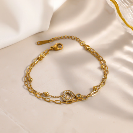 Bracelet chaîne pour femme Simple Series Elegant Heart Circle en acier inoxydable étanche couleur or avec zircon