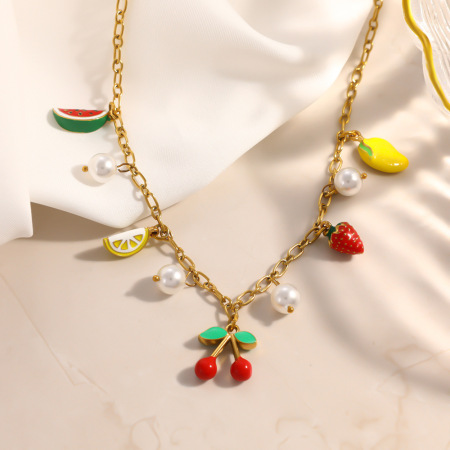 Colliers pendentifs pour femmes, collection romantique, motif cœur et fruit, en acier inoxydable étanche, couleur or