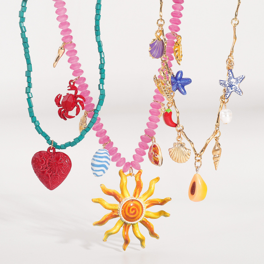 Colliers Pendentifs Pour Femmes, Collection Romantique, En Alliage Doré, Perles De Soleil Et Coquillage, Avec Cœur Et Fil. Image2