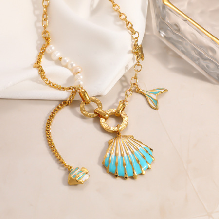 Colliers pendentifs pour femmes, collection luxueuse, style océanique mignon, coquillage et étoile de mer, en acier inoxydable étanche, couleur or