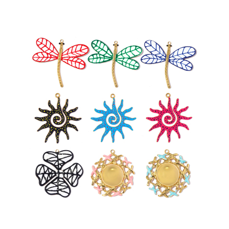 Pendentifs pour femmes de la série Luxueuse, à faire soi-même, en acier inoxydable, étanches, couleur or, motif libellule et plante soleil