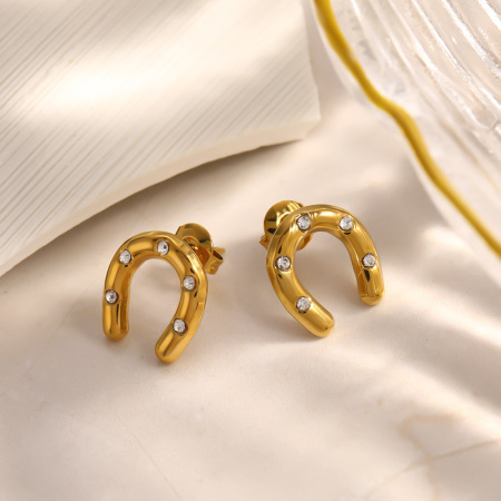 Boucles d'oreilles puces pour femmes en acier inoxydable, forme elliptique en fer à cheval, couleur or, zircon et verre, étanches.