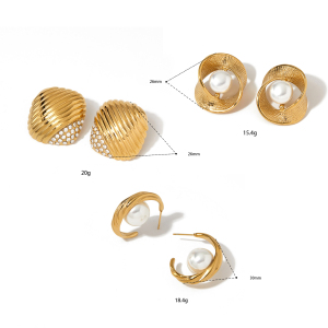 Boucles D'Oreilles Puces Élégantes Pour Femmes, En Acier Inoxydable Imperméable, Couleur Or, Forme Irrégulière, Strass Et Perle. h5 Image4