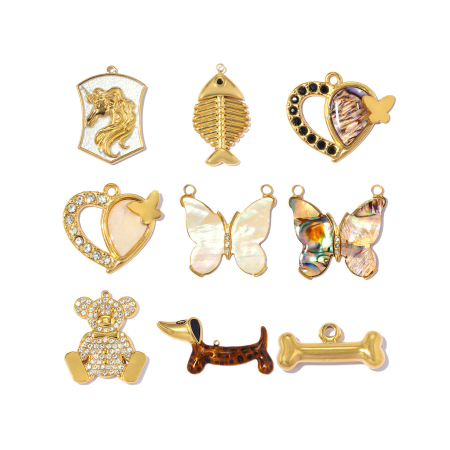 Pendentif femme en acier inoxydable étanche couleur or, motif cheval de manège mignon, cœur et papillon
