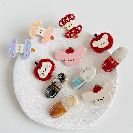 Pinces à cheveux simples en acétate avec strass, motif animaux mignons, fruits et étoiles.