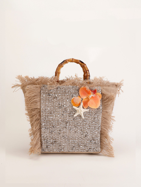 Sac fourre-tout femme en tissu patchwork tissé à pompons style vacances