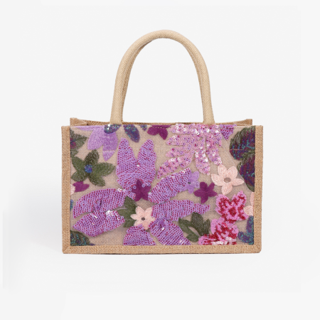 Sac carré en lin pour femme, style décontracté, orné de perles de sequins brodées, de fleurs de forme irrégulière et de feuilles de couleurs variées.