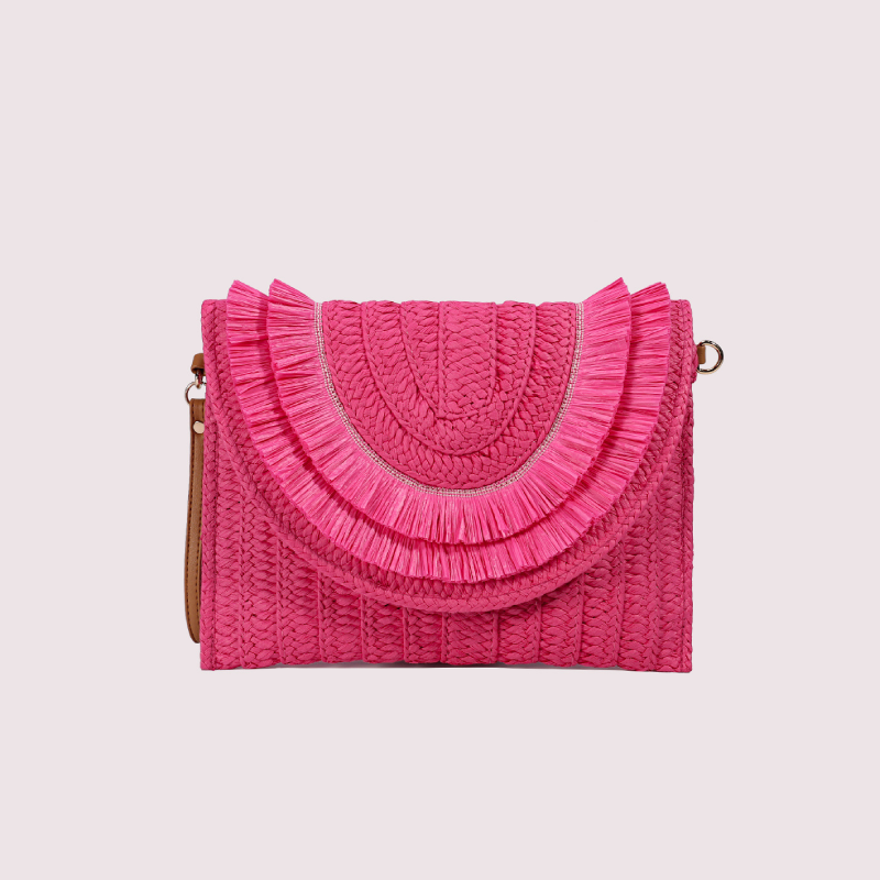 Sac Carré Femme En Raphia Tissé À Pompons, Couleur Unie, Style Vacances Image2