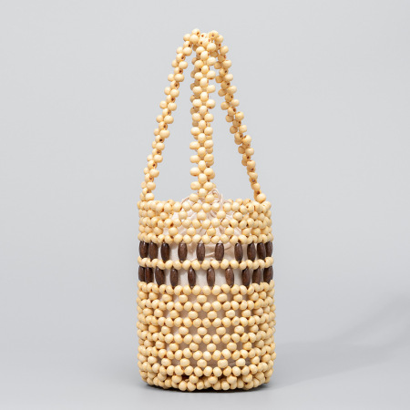 Sac seau femme en bois multicolore ajouré et perles tissées style vacances 2