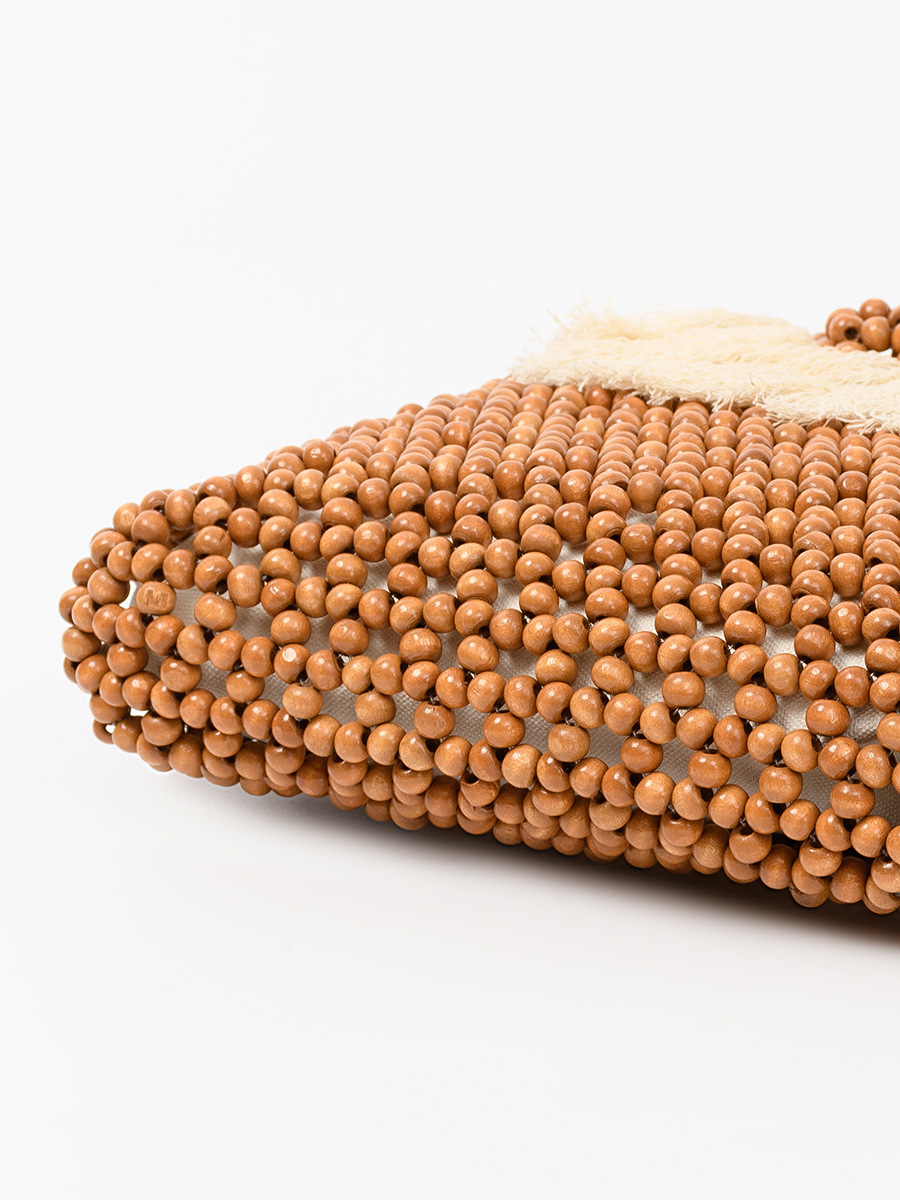 Sac Carré Pour Femme En Bois Ajouré, Orné De Pompons Tissés De Couleur Unie, Style Vacances Image4