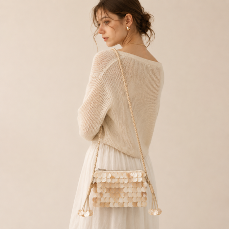 Sac carré pour femme, style soirée, tissé à sequins, uni, à pompons et orné de coquillages. 2