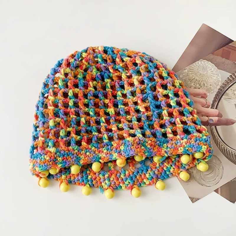 Chapeau Tricoté À La Main En Coton Tissé Ajouré À Pompons, Collection Ethnique