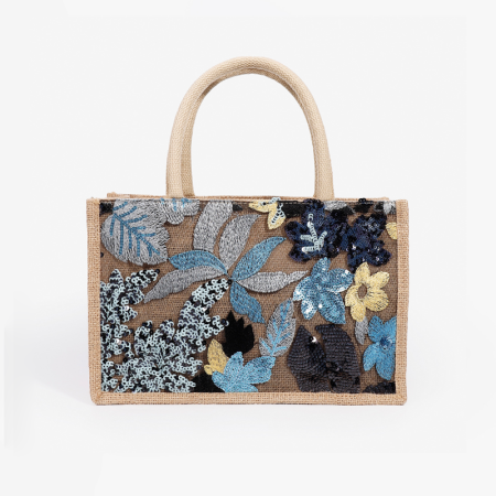 Sac carré en lin pour femme, style décontracté, orné de perles de sequins brodées, de fleurs de forme irrégulière et de feuilles de couleurs variées. 2