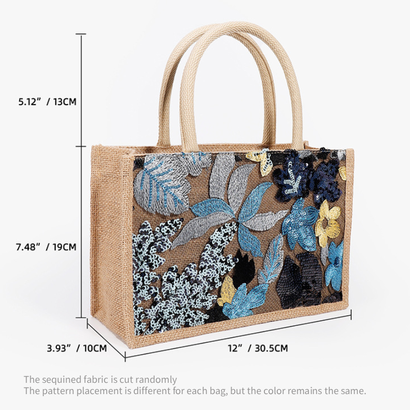 Sac Carré En Lin Pour Femme, Style Décontracté, Orné De Perles De Sequins Brodées, De Fleurs De Forme Irrégulière Et De Feuilles De Couleurs Variées. h5Image2