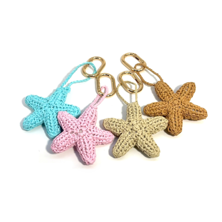 Porte-clés de sac en raphia tissé, motif étoile de mer, style océan, couleur unie, collection Simple