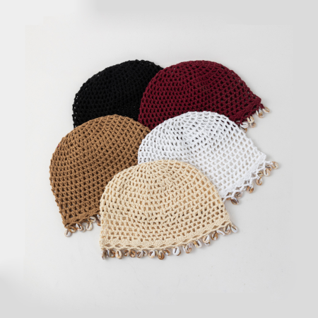 Chapeau tissé à la main en coton tissé uni ajouré avec pendentif coquillage, collection Simple Series Daily. 2