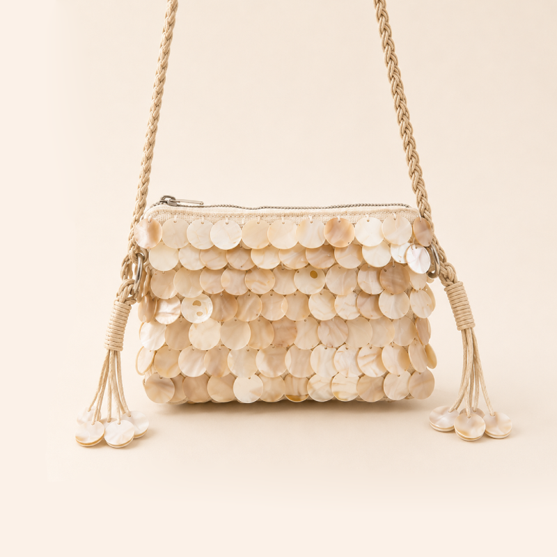Sac Carré Pour Femme, Style Soirée, Tissé À Sequins, Uni, À Pompons Et Orné De Coquillages. h5Image3