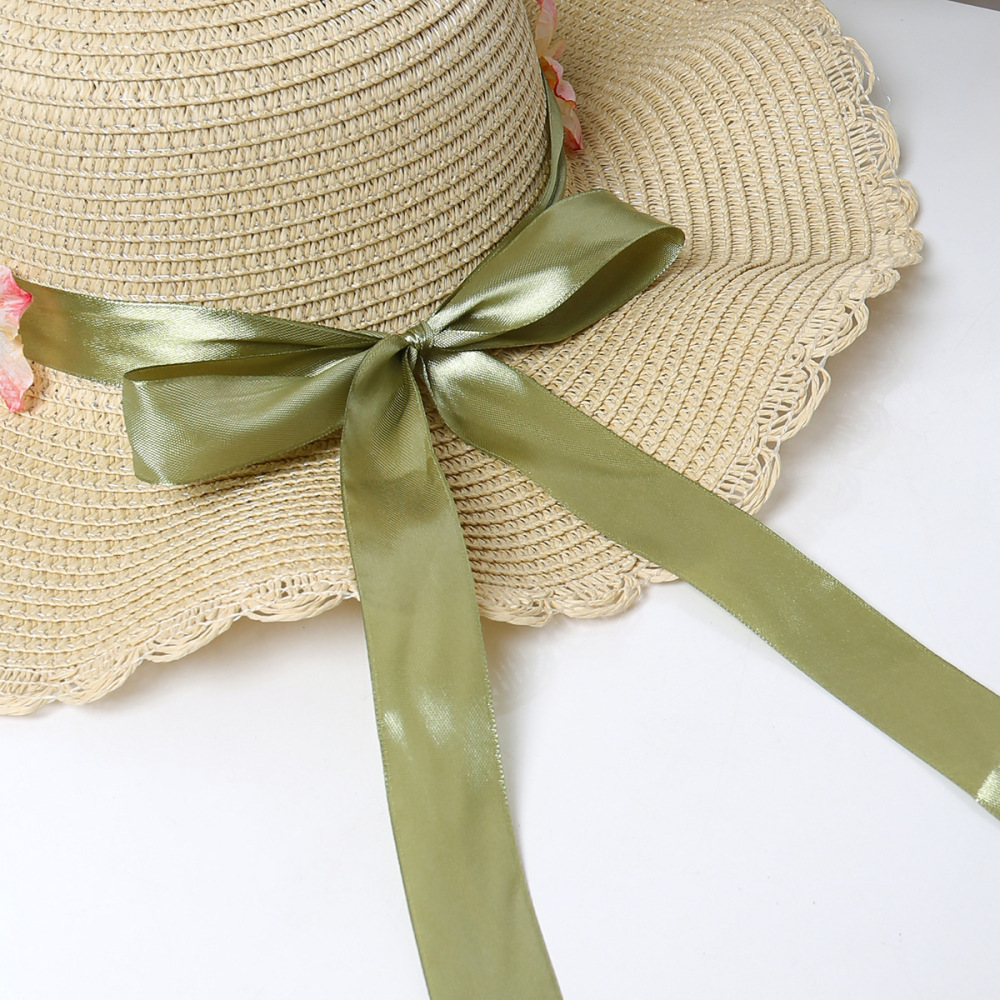 Chapeaux De Paille En Raphia Pour Femmes, Collection Simple, Avec Nœud Floral Et Ruban, Style Vacances Image4