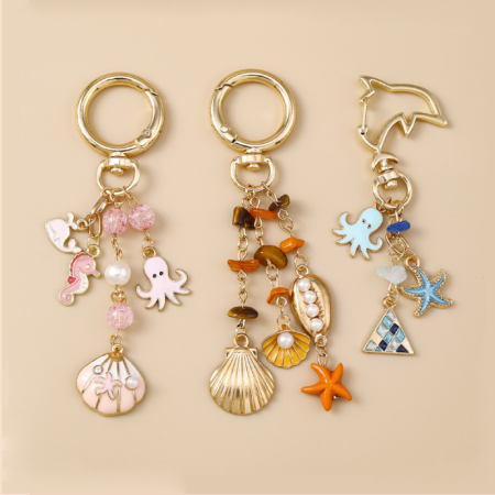 Breloques de sac en métal pour femme, collection romantique, motif animaux mignons, style océanique, coquillages, étoiles de mer, formes géométriques.