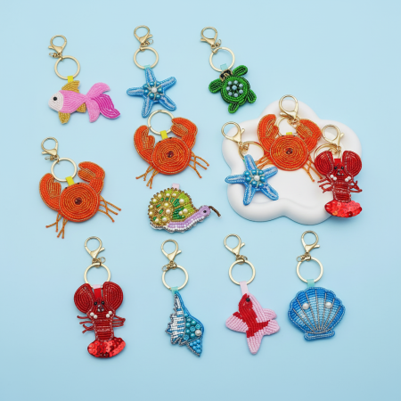 Porte-clés de luxe en perles artificielles style océanique, motif animaux naturels, poissons et étoiles de mer
