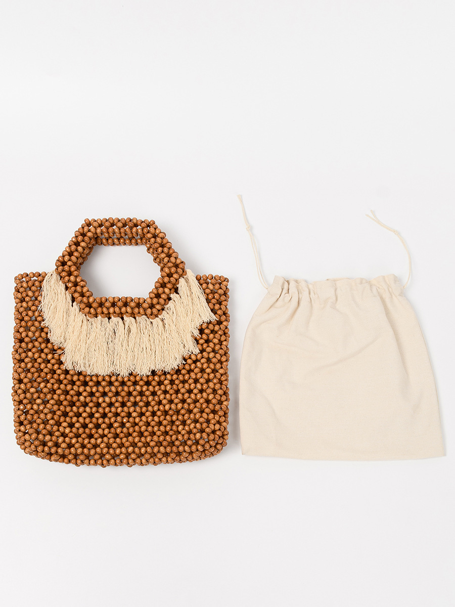 Sac Carré Pour Femme En Bois Ajouré, Orné De Pompons Tissés De Couleur Unie, Style Vacances Image6