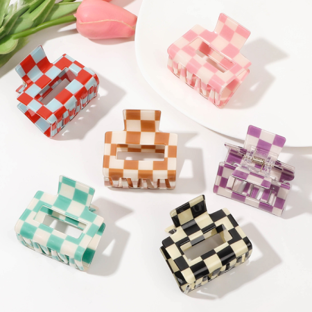 Pinces à cheveux en plastique à carreaux multicolores de la série Simple Daily