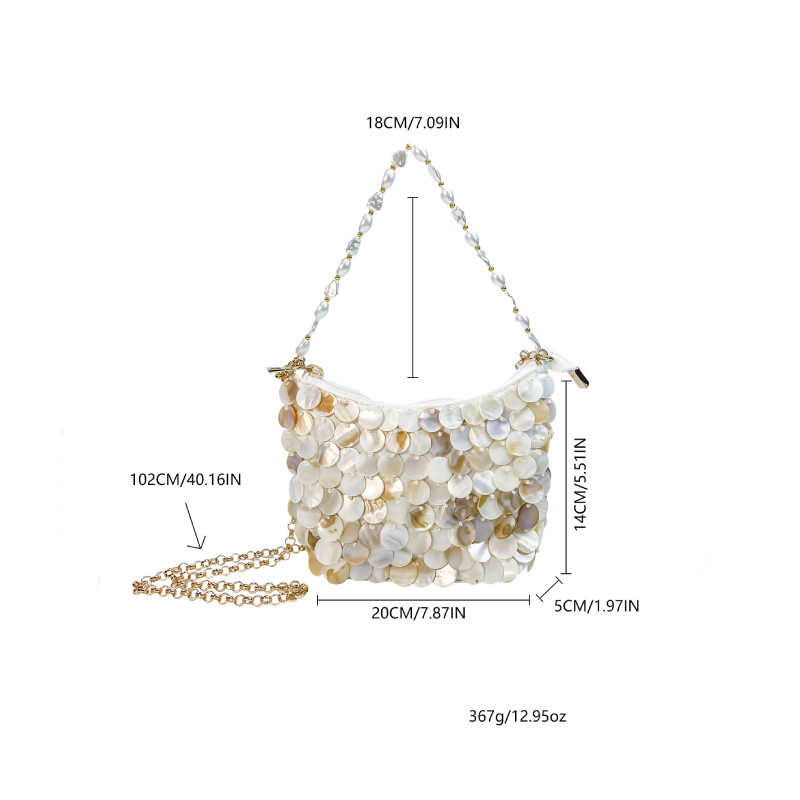 Sac Carré Pour Femme En Acrylique Tissé À Sequins, Perles Et Coquillages, Style Soirée h5Image2