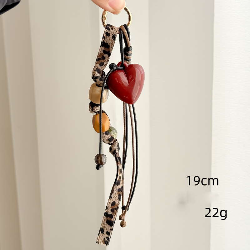 Porte-Clés De Sac En Acrylique Tissé, Forme Cœur Irrégulière, Imprimé Léopard, Collection Romantique Rétro 