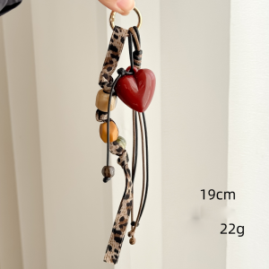 Porte-Clés De Sac En Acrylique Tissé, Forme Cœur Irrégulière, Imprimé Léopard, Collection Romantique Rétro h5 