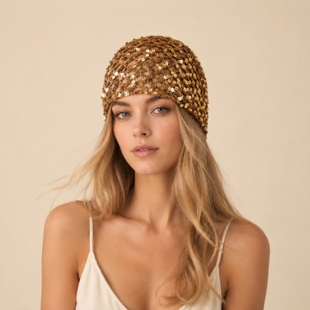 Chapeau tissé à la main en coton uni ajouré et orné de sequins, collection Simple Series.