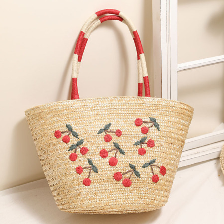 Sac trapèze femme en raphia tissé couleur cerise style vacances 2