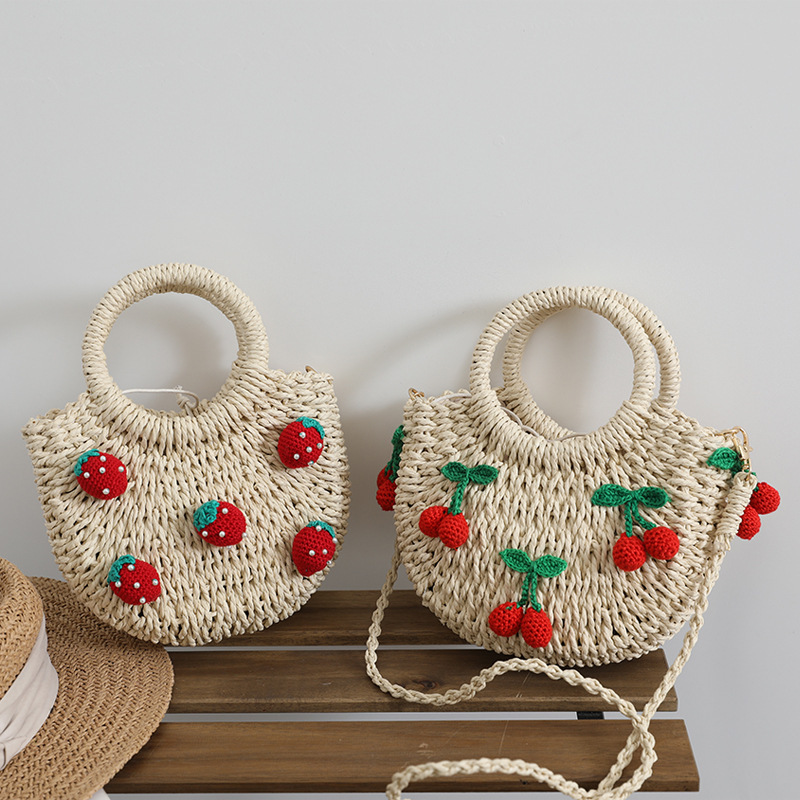 Sac Rond Femme En Raphia Tissé Style Vacances, Motif Cerises Et Fraises h5Image3