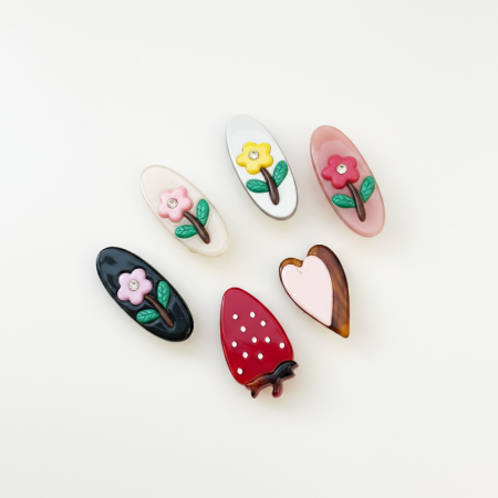 Pinces à cheveux pour femmes, collection Simple, motif fleurs, cœurs et fruits, acétate de couleurs assorties et strass.