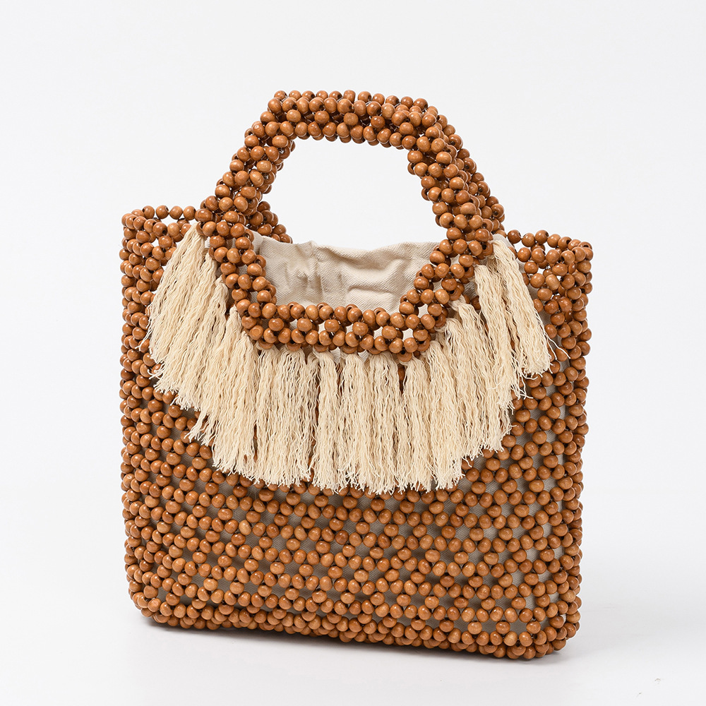 Sac Carré Pour Femme En Bois Ajouré, Orné De Pompons Tissés De Couleur Unie, Style Vacances Image2