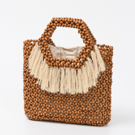 Sac carré pour femme en bois ajouré, orné de pompons tissés de couleur unie, style vacances 2