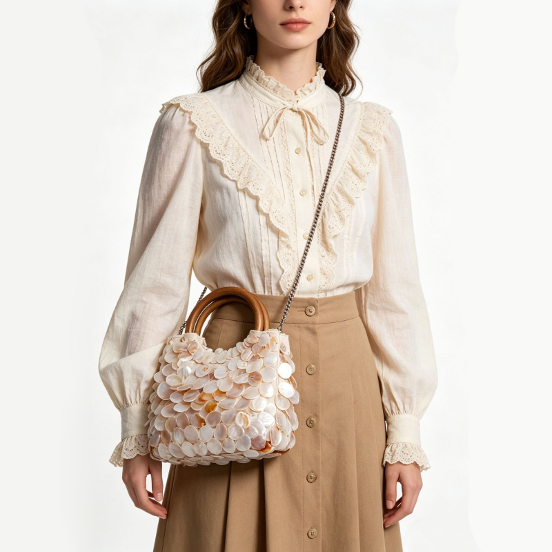 Sac Rond Pour Femme, Style Décontracté, Tissé À Sequins, Couleur Unie, Motif Coquillages. Image3