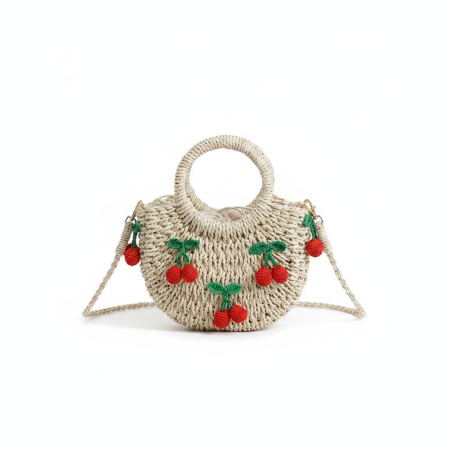 Sac rond femme en raphia tissé style vacances, motif cerises et fraises