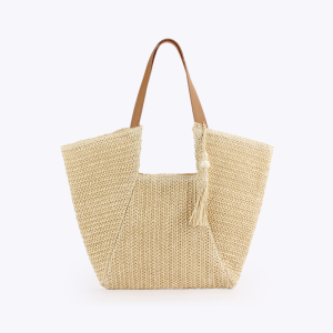 Sac Carré Femme En Raphia Tissé Uni À Pompons, Style Vacances h5 Image2