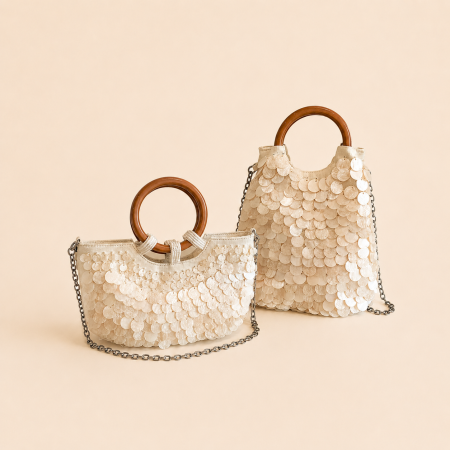 Sac demi-lune pour femme, style soirée, tissé à sequins, uni, perles, coquillages.