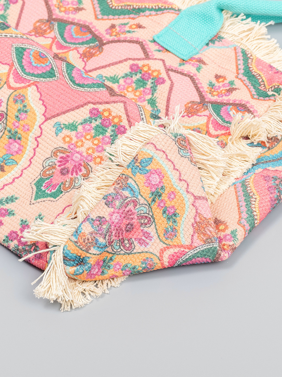 Sac Cabas En Toile Pour Femme, Style Bohème, À Pompons Floraux De Forme Irrégulière, Motifs Cachemire Multicolores Et Géométriques. Image4
