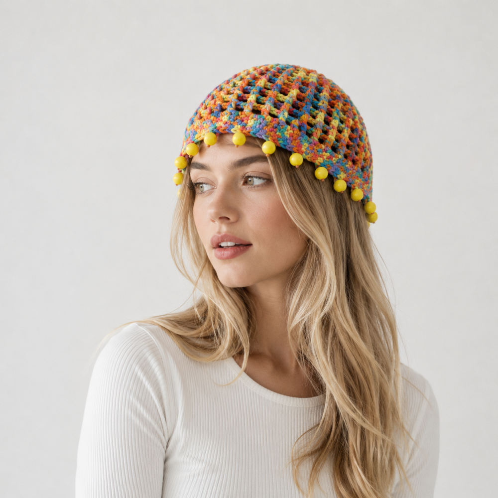 Chapeau Tricoté À La Main En Coton Tissé Ajouré À Pompons, Collection Ethnique h5Image2