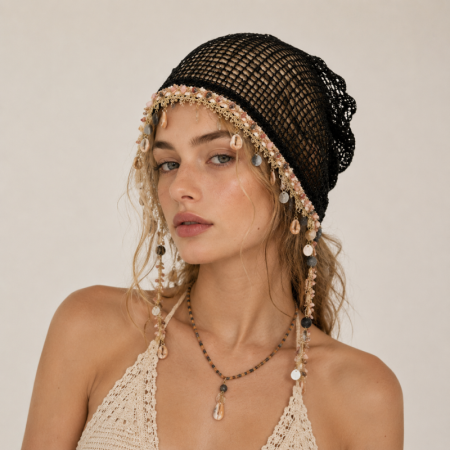 Chapeau À Cache-Oreilles Pour Femme, Style Océanique, À Pompons, En Polyester Tissé Ajouré, Collection Ethnique