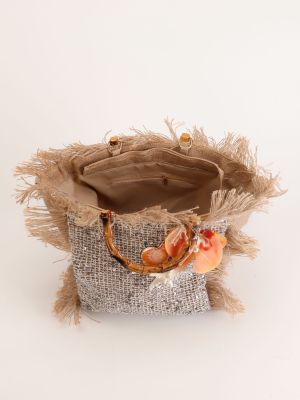 Sac Fourre-Tout Femme En Tissu Patchwork Tissé À Pompons Style Vacances h5 Image5