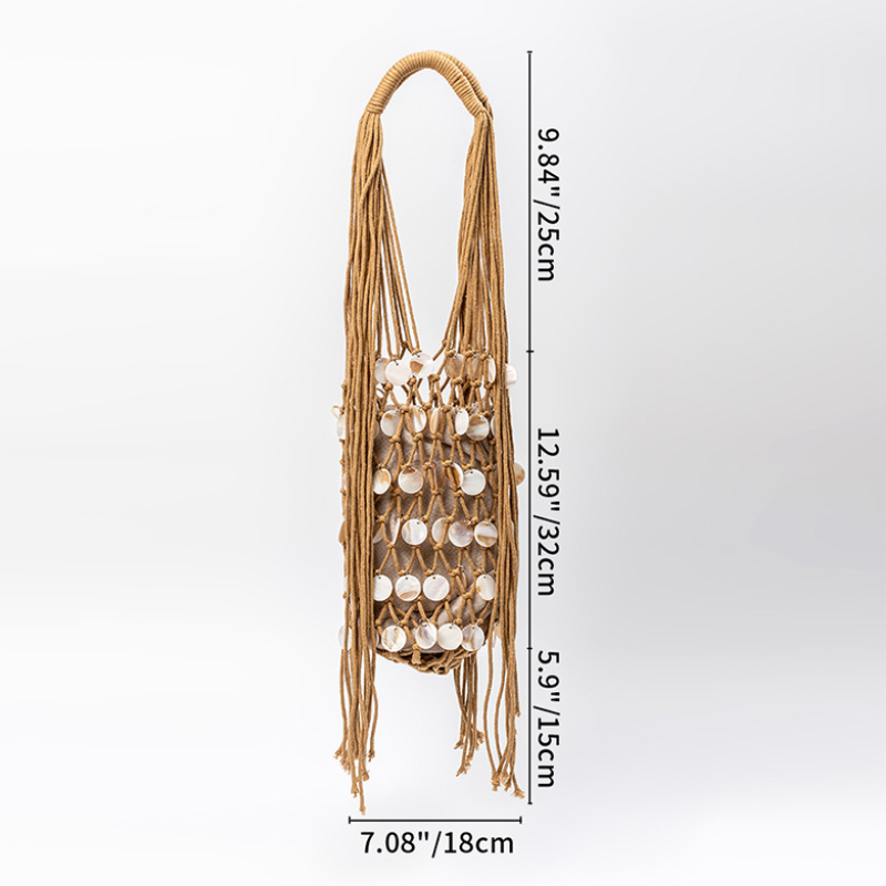 Sac Rond Pour Femme À Pompons Style Vacances, Orné De Coquillages Tissés Ajourés h5Image3