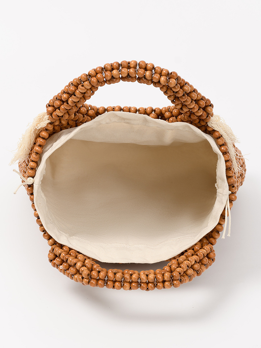 Sac Carré Pour Femme En Bois Ajouré, Orné De Pompons Tissés De Couleur Unie, Style Vacances Image5