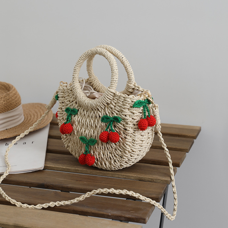 Sac Rond Femme En Raphia Tissé Style Vacances, Motif Cerises Et Fraises h5Image4