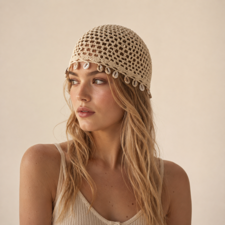 Chapeau tissé à la main en coton tissé uni ajouré avec pendentif coquillage, collection Simple Series Daily.